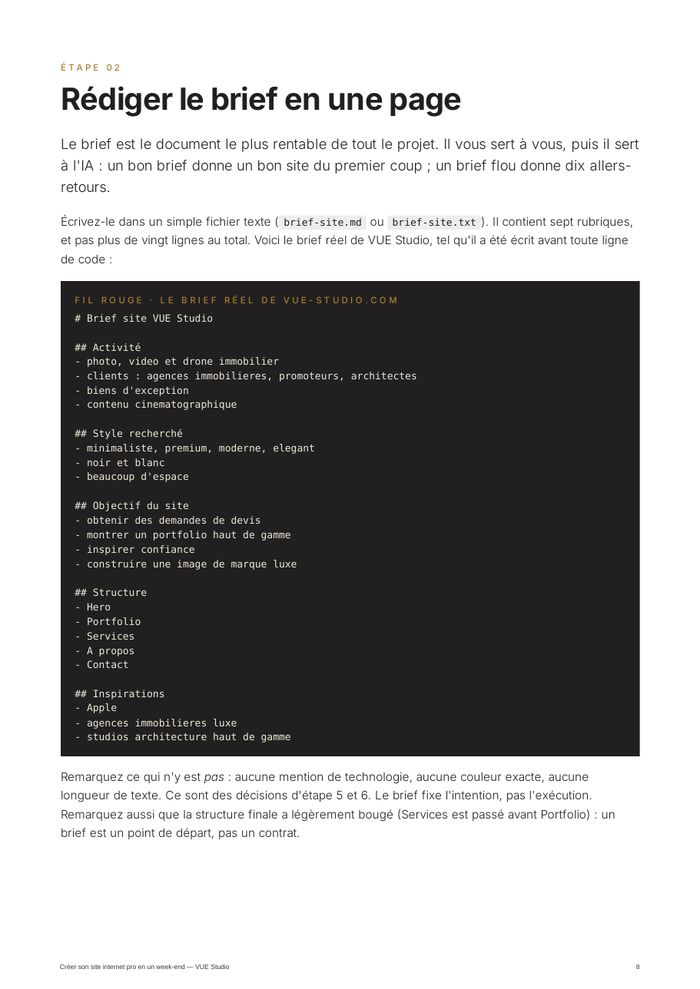 Page du guide montrant le brief réel de vue-studio.com